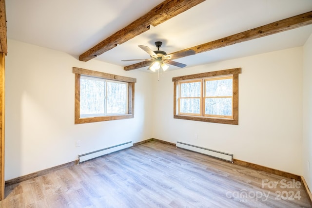 486 Hunter-Lysik Way, Laurel Springs, NC 28644 - unfurnished room with baseboard heating, a baseboard radiator, light wood-style floors, beam ceiling, and ceiling fan
