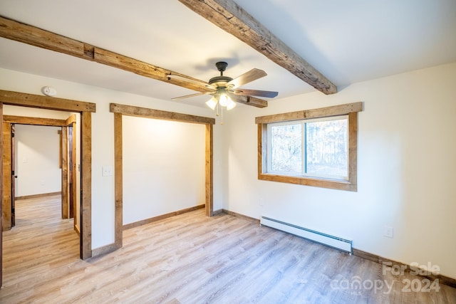 486 Hunter-Lysik Way, Laurel Springs, NC 28644 - unfurnished bedroom with a baseboard heating unit, beamed ceiling, light wood-style floors, baseboards, and a ceiling fan