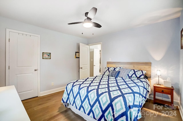 bedroom with ceiling fan, a closet, and dark wood-type flooring