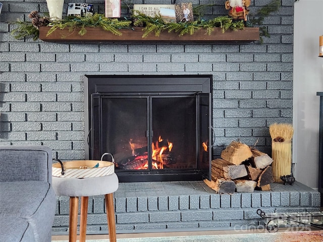 details with a brick fireplace