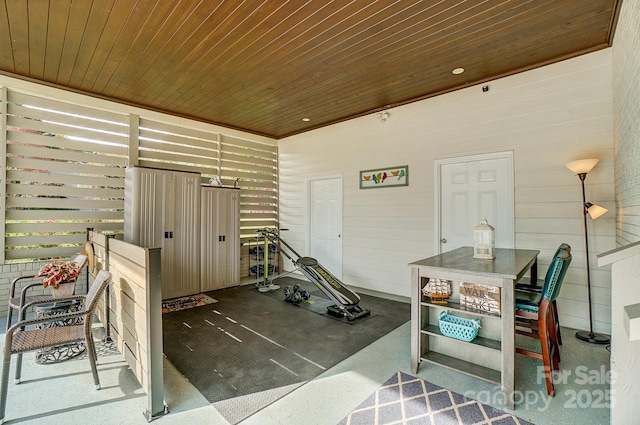 miscellaneous room with wood ceiling