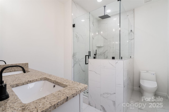 bathroom featuring walk in shower, vanity, and toilet