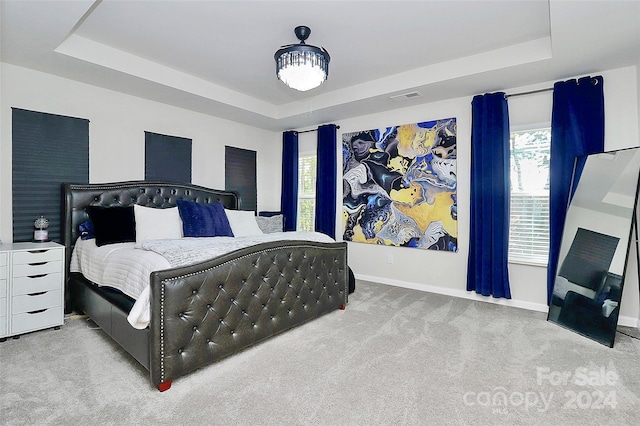 bedroom featuring light colored carpet, multiple windows, and a raised ceiling