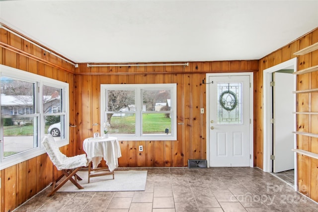 foyer with wooden walls and a wealth of natural light