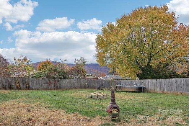 view of yard with a fire pit and a trampoline