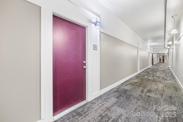 hall with baseboards and carpet floors