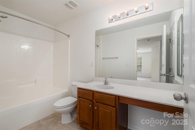 full bathroom featuring tile patterned flooring, vanity, bathtub / shower combination, and toilet