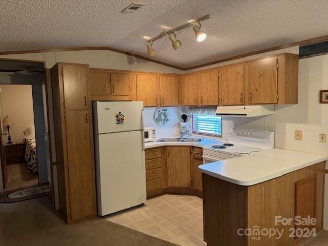 kitchen with lofted ceiling, kitchen peninsula, a textured ceiling, sink, and white appliances