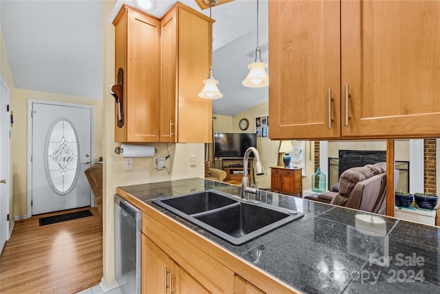 kitchen featuring sink, stainless steel dishwasher, lofted ceiling, a fireplace, and light wood-type flooring