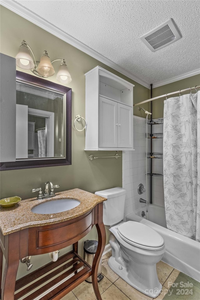 full bathroom with shower / tub combo, tile patterned floors, a textured ceiling, vanity, and toilet