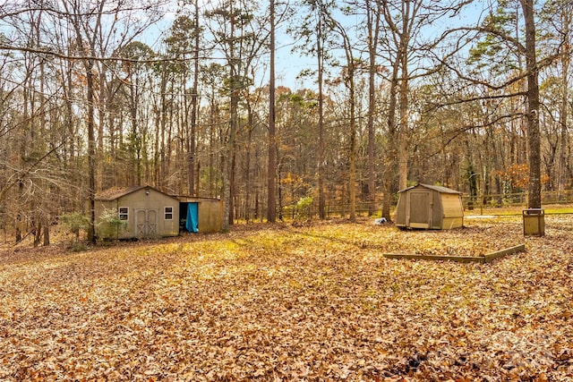 view of yard with a storage shed