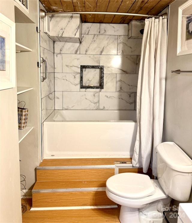 bathroom featuring toilet, wood ceiling, shower / bathtub combination with curtain, and wood-type flooring