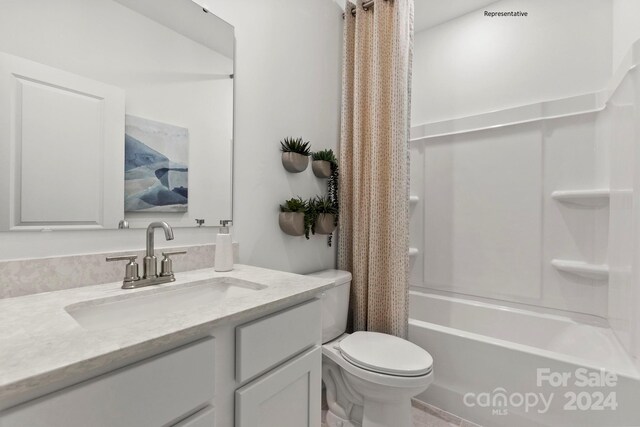 full bathroom with vanity, toilet, and shower / bathtub combination with curtain