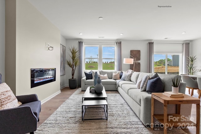 living room with light hardwood / wood-style floors