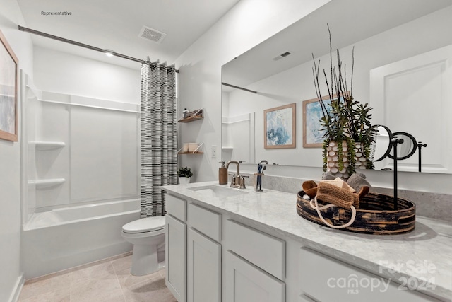 full bathroom featuring toilet, vanity, tile patterned flooring, and shower / bathtub combination with curtain