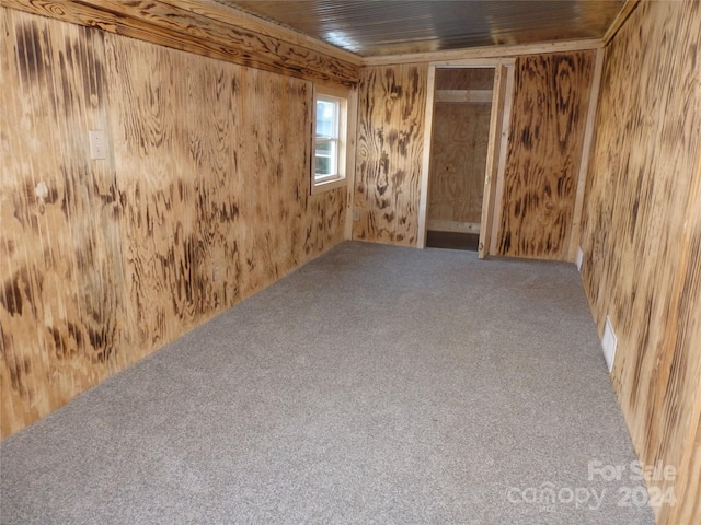 basement featuring carpet, wooden ceiling, and wood walls