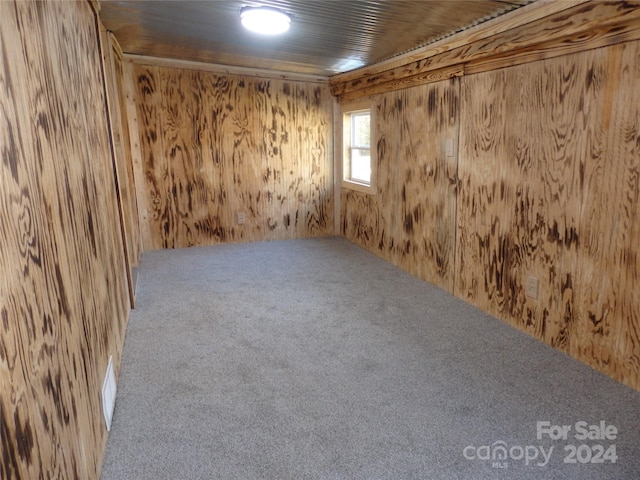 carpeted empty room featuring wood walls