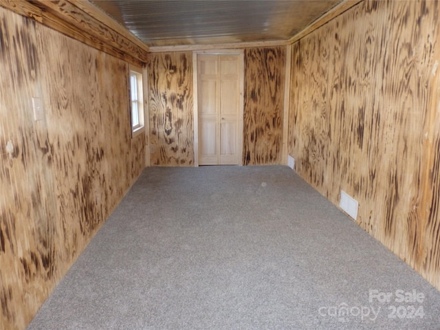 unfurnished room with carpet floors and wooden walls