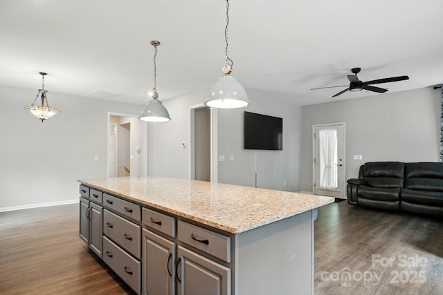 25622 Seagull Dr Unit 645, Lancaster, SC 29720 - kitchen with gray cabinets, dark wood-style floors, a ceiling fan, and open floor plan