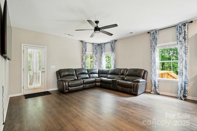 25622 Seagull Dr Unit 645, Lancaster, SC 29720 - living area featuring a ceiling fan, wood finished floors, and baseboards