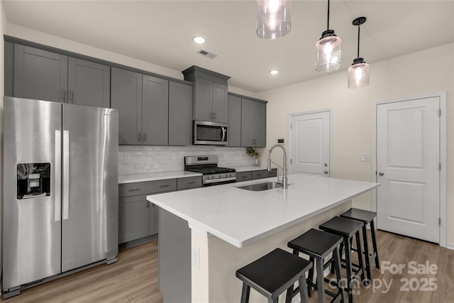 kitchen featuring gray cabinetry, a center island with sink, sink, appliances with stainless steel finishes, and decorative light fixtures