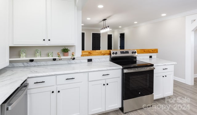 kitchen featuring stainless steel appliances, white cabinetry, light hardwood / wood-style flooring, and light stone counters