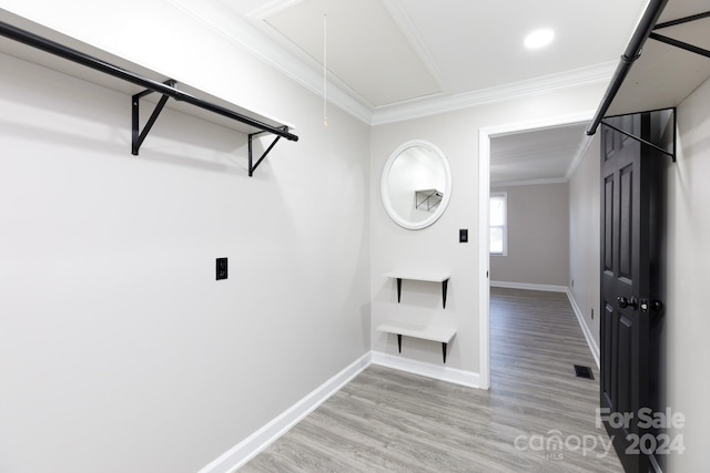 interior space featuring light hardwood / wood-style floors and crown molding