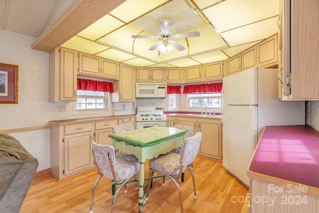 kitchen featuring white appliances, light brown cabinetry, and a wealth of natural light