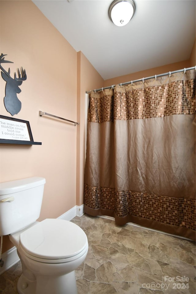 bathroom with vaulted ceiling, a shower with shower curtain, and toilet