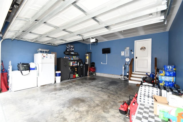 garage with a garage door opener, electric water heater, and white fridge