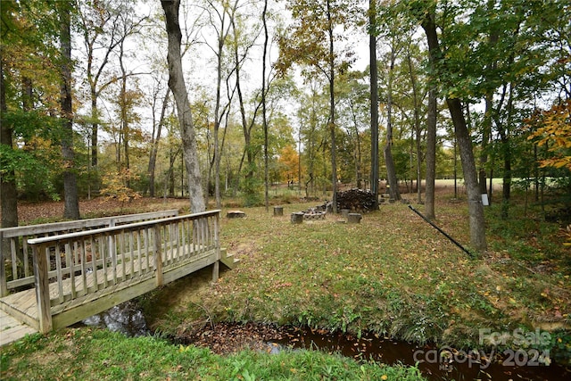 surrounding community with a deck with water view