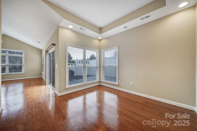 4919 Polo Gate Blvd, Charlotte, NC 28216 - spare room featuring wood finished floors, baseboards, lofted ceiling, and recessed lighting