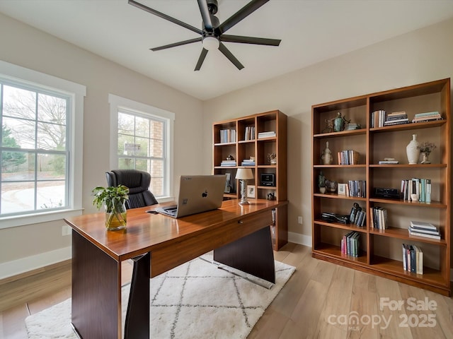 office area featuring ceiling fan and light hardwood / wood-style floors