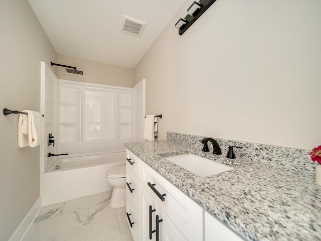 full bathroom with shower / washtub combination, toilet, and vanity