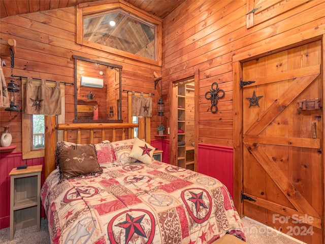 carpeted bedroom featuring a wall unit AC, wooden walls, wood ceiling, and vaulted ceiling