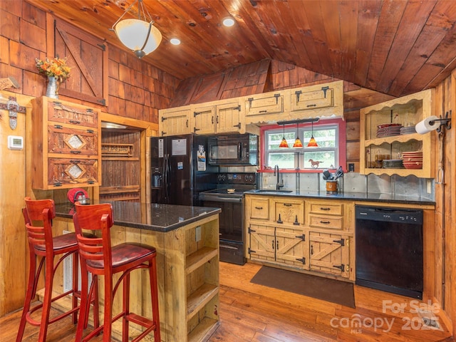 kitchen with open shelves, black appliances, wooden ceiling, wood walls, and lofted ceiling