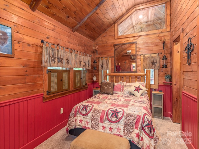 bedroom with wooden ceiling, wood walls, lofted ceiling, and carpet floors