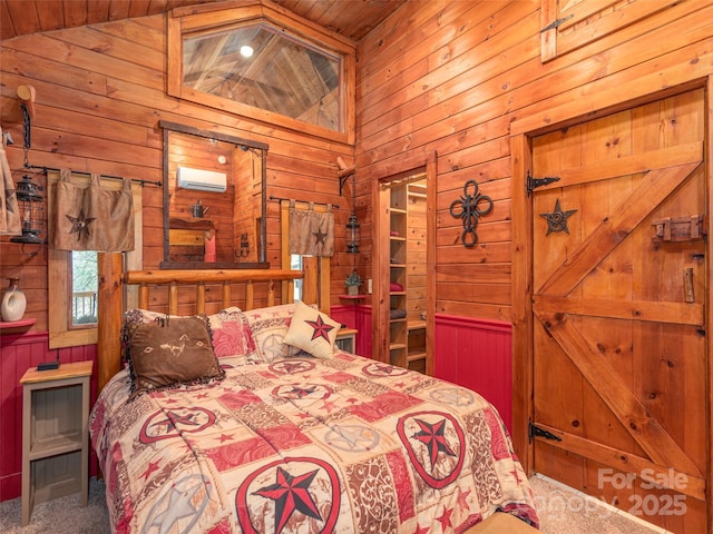 carpeted bedroom with wood ceiling, lofted ceiling, wooden walls, and a wall mounted AC