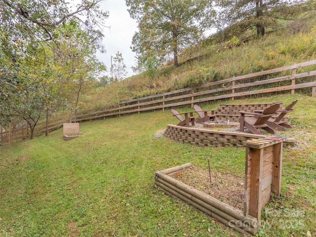 view of yard with a fenced backyard and an outdoor fire pit