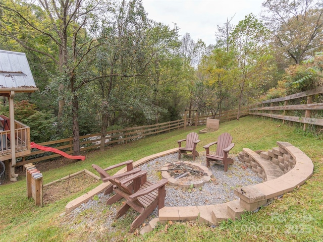 view of yard with a fire pit and a fenced backyard