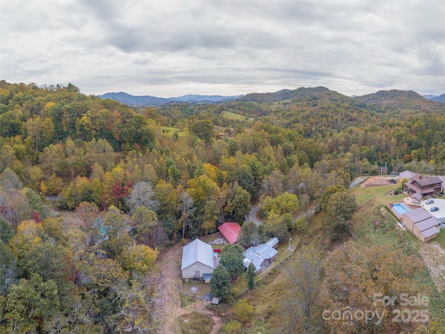 birds eye view of property featuring a forest view and a mountain view