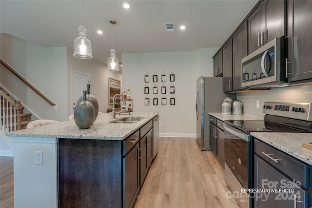 kitchen with stainless steel appliances, sink, a kitchen island with sink, light wood-type flooring, and decorative light fixtures