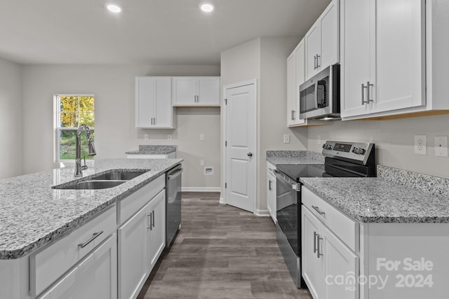 kitchen featuring white cabinetry, light stone countertops, dark wood-type flooring, sink, and stainless steel appliances