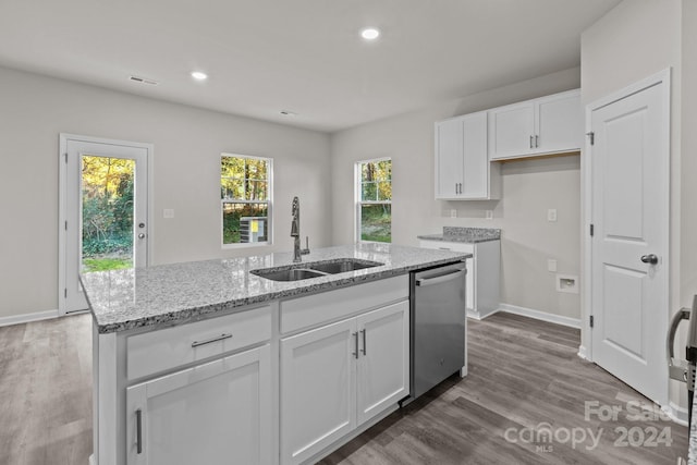1403 Gentry Pl, Salisbury, NC 28146 - kitchen featuring a sink, dishwasher, light stone countertops, white cabinetry, and recessed lighting