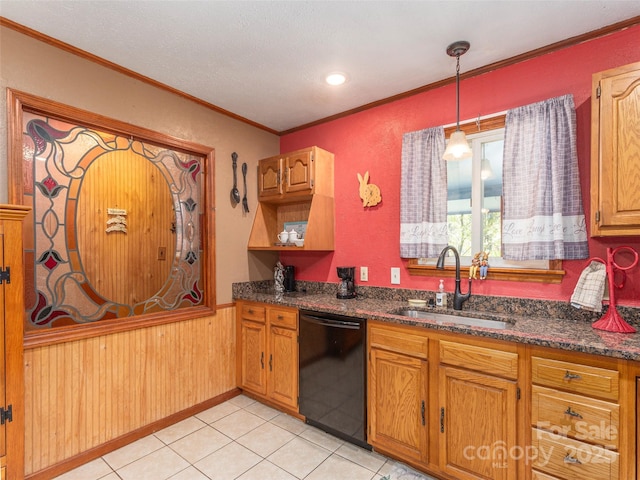 kitchen featuring a sink, light tile patterned flooring, dishwasher, ornamental molding, and hanging light fixtures
