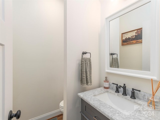 bathroom featuring vanity, wood-type flooring, and toilet