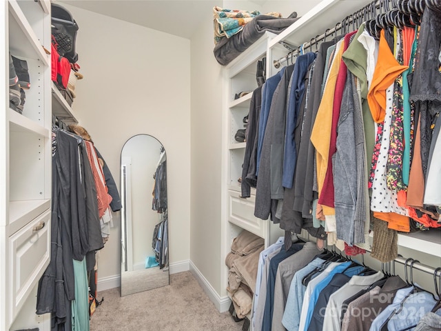 walk in closet with light colored carpet