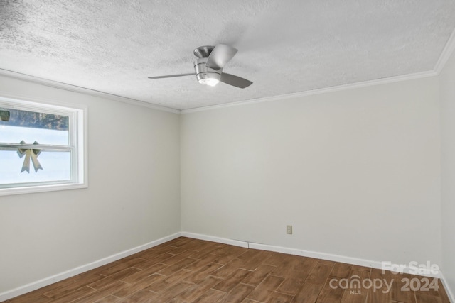 empty room featuring ceiling fan, crown molding, a textured ceiling, and hardwood / wood-style flooring