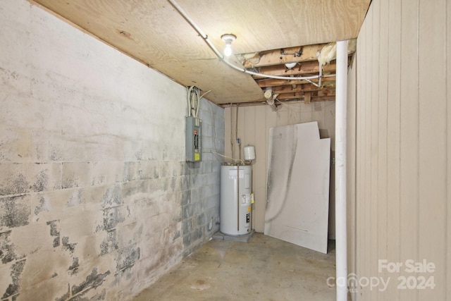 basement with electric panel and electric water heater