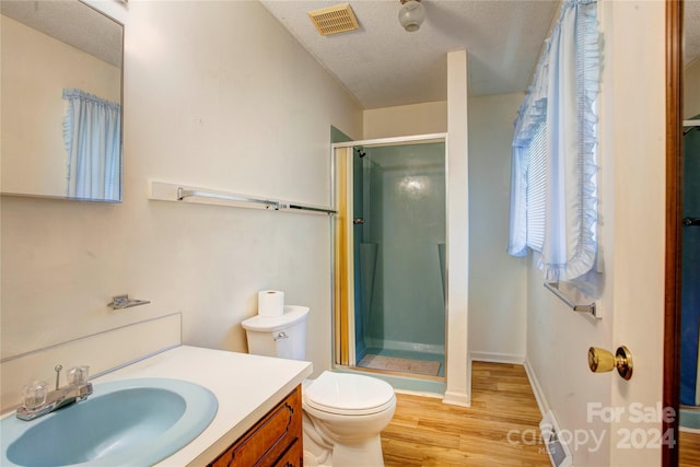 bathroom with vanity, a textured ceiling, toilet, and a shower with door